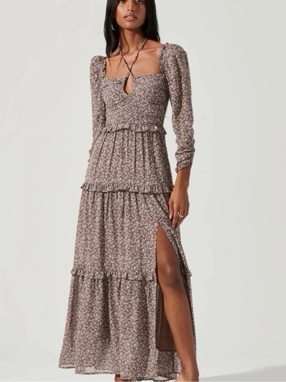 ASTR The Label Revolve Lovestruck Brown Purple Floral Maxi Milkmaid Dress XS